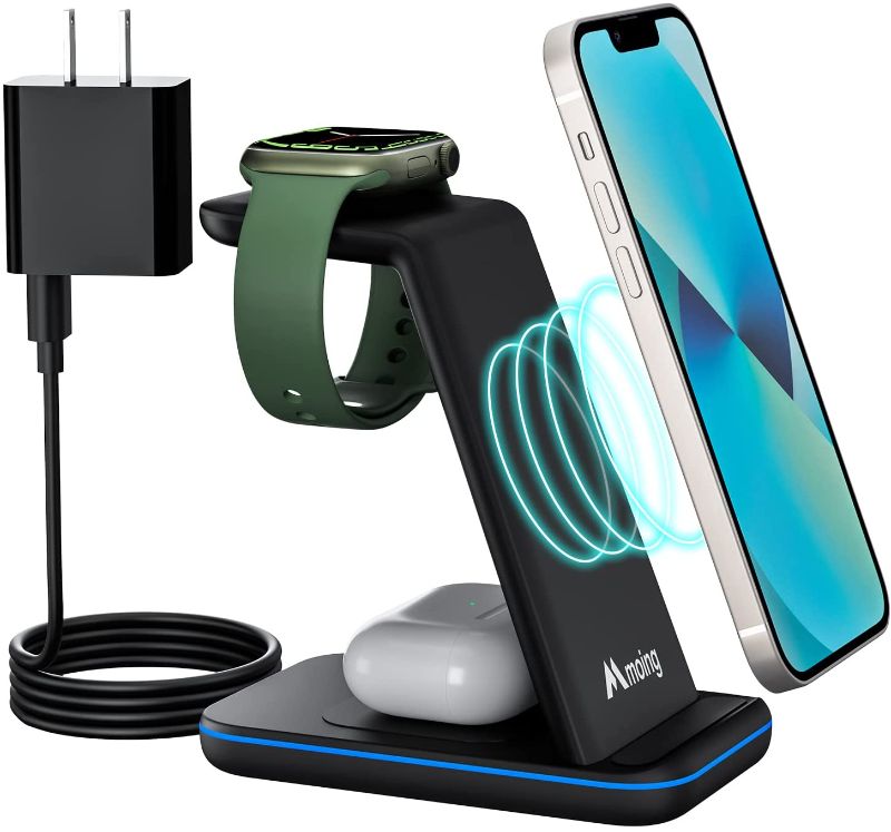 Photo 1 of Wireless Charger, 3 in 1 18W Qi Charging Station/Stand/Dock Compatible with iWatch/Airpods/iPhone 12/11 Pro Series/XS Max/XR/X/8 Plus/SE, Compatible for iWatch Apple Watch 6/5/4/3/2, Airpods Pro/2
