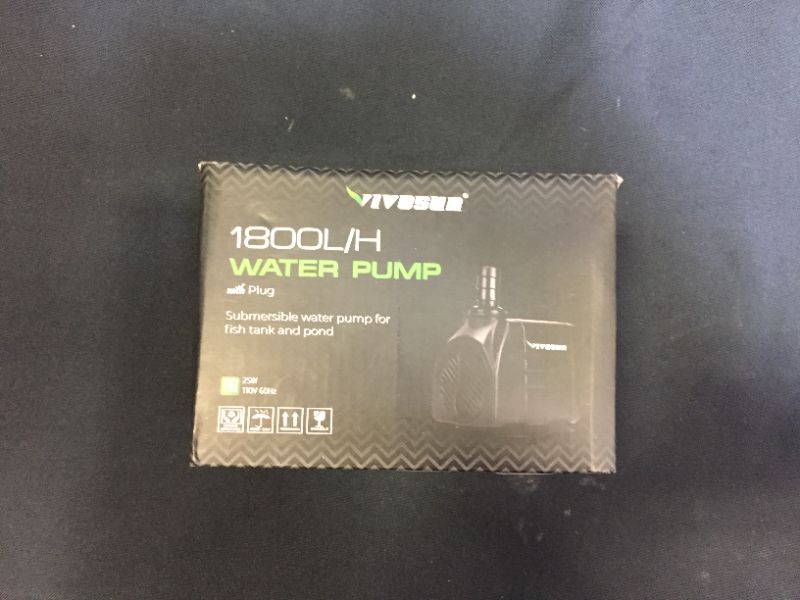 Photo 1 of VIVOSUN 480GPH Submersible Pump(1800L/H, 25W), Ultra Quiet Water Pump with 7.2ft High Lift, Fountain Pump with 5ft Power Cord, 3 Nozzles for Fish Tank, Aquarium, Statuary, Hydroponics
