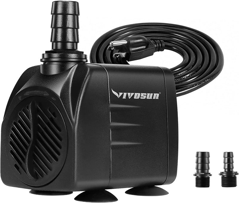 Photo 1 of VIVOSUN 480GPH Submersible Pump(1800L/H, 25W), Ultra Quiet Water Pump with 7.2ft High Lift, Fountain Pump with 5ft Power Cord, 3 Nozzles for Fish Tank, Aquarium, Statuary, Hydroponics