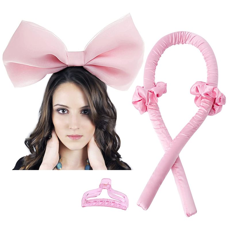 Photo 1 of Bow Headband Bowknot Hair Bands for party and cosplay+ Hair Rollers No Heat Curls Silk Ribbon Curling Rods Headband Sleep In Overnight Soft Foam for women and girls (Pink)
