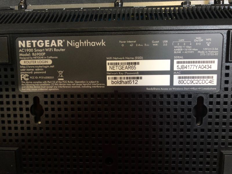 Photo 4 of NETGEAR Nighthawk Smart Wi-Fi Router (R6900P) - AC1900 Wireless Speed (Up to 1900 Mbps), Up to 1800 Sq Ft Coverage & 30 Devices, 4 x 1G Ethernet and 1 x 3.0 USB Ports, Armor Security---ITEM IS DIRTY---
