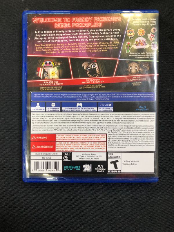 Photo 3 of Five Nights at Freddy's: Security Breach (PS4)--DISC IS DIRTY AND HAS MULTIPLE MINOR SCRATHCES ON BACK---UNABLE TO TEST---BOX HAS STIKCERS ON IT---