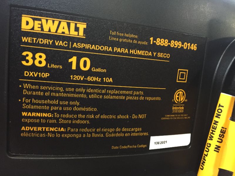 Photo 4 of DeWALT DXV10P 10 gallon Quiet Poly Wet Dry Vacuum Yellow