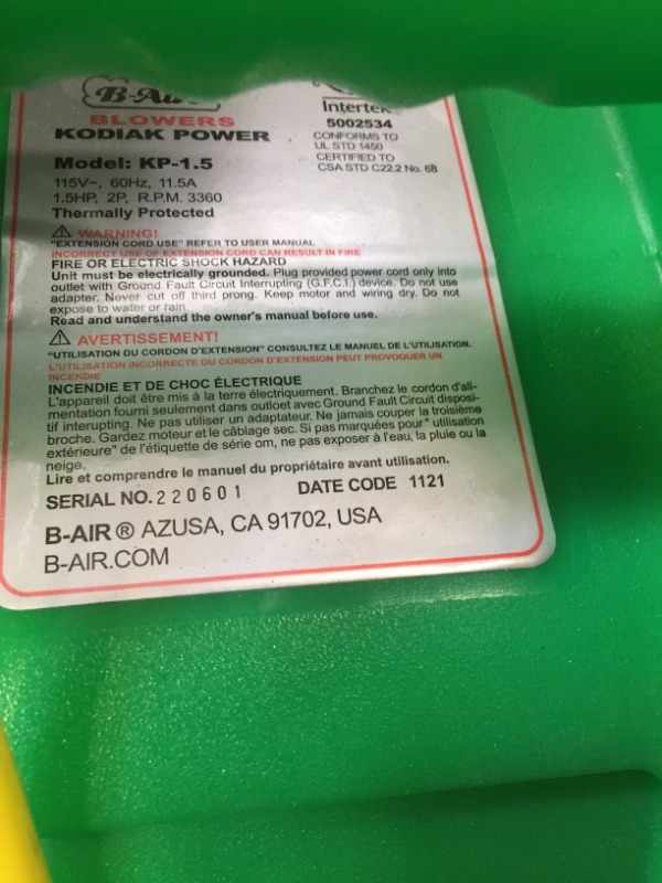 Photo 3 of ----SELL FOR PARTS----B-Air Kodiak 1.5 HP ETL Air Blower | Powerful Bounce House Blower Fan for Large Inflatable Bounce House, Bouncy Castle and Slides
