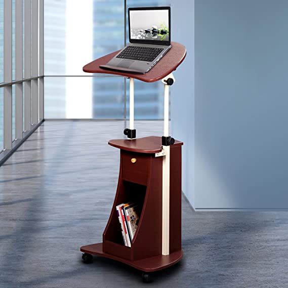 Photo 1 of Techni Mobili Sit-to-Stand Rolling Adjustable Storage Medical Laptop Computer Cart, Chocolate
