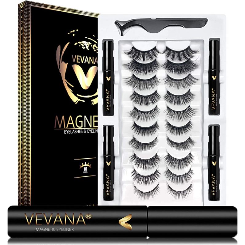 Photo 1 of Vevana 2021 Reusable Magnetic Silk Eyelashes and Eyeliner Kit, 10 Pairs Natural & Dramatic Look Lashes with 4 Tubes of Magnetic Eyeliner, Water & Smudge Proof - Glue Free,Black,VVL2021

