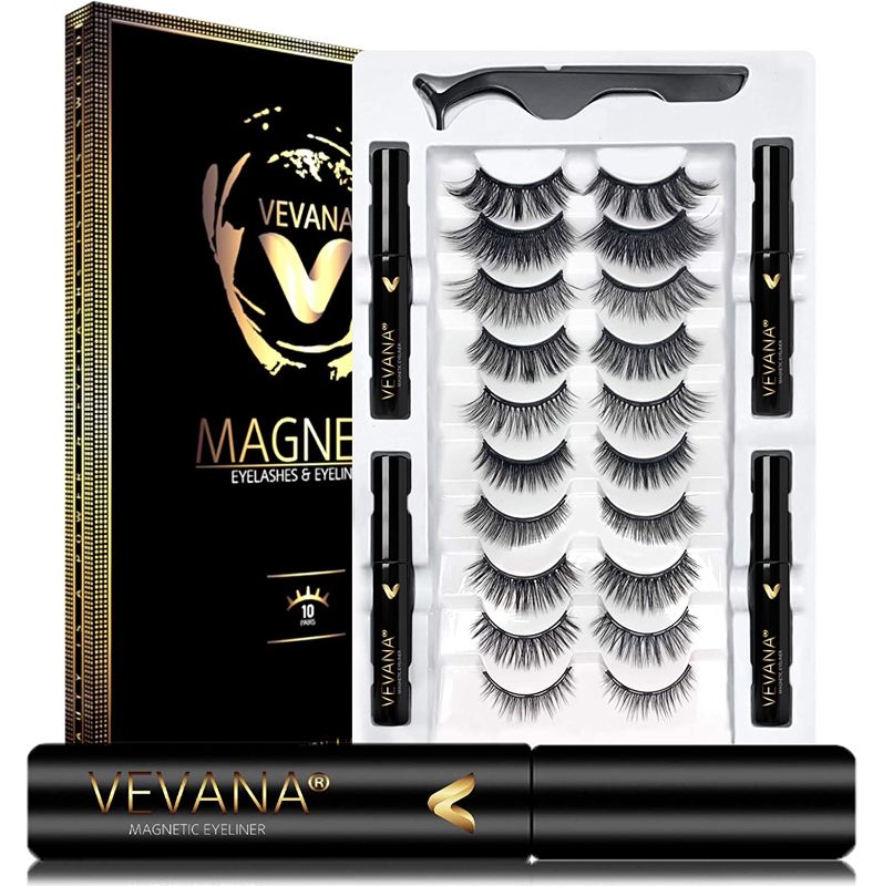 Photo 1 of Vevana 2021 Reusable Magnetic Silk Eyelashes and Eyeliner Kit, 10 Pairs Natural & Dramatic Look Lashes with 4 Tubes of Magnetic Eyeliner, Water & Smudge Proof - Glue Free,Black,VVL2021
