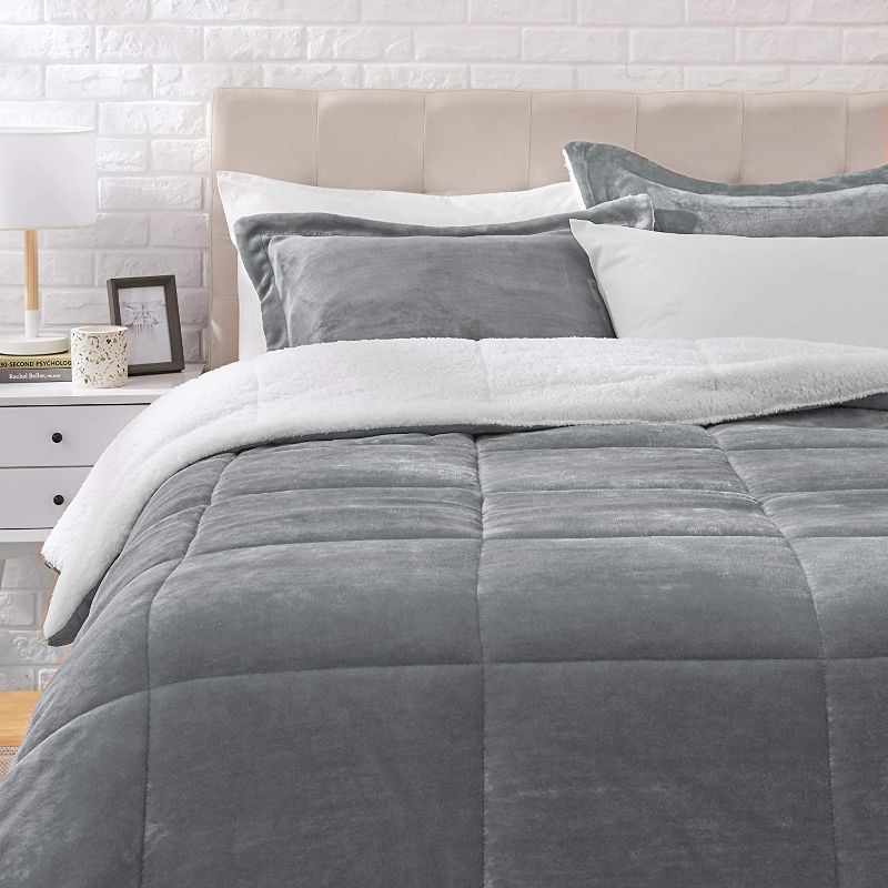 Photo 1 of Amazon Basics Ultra-Soft Micromink Sherpa Comforter Bed Set - Charcoal, King
