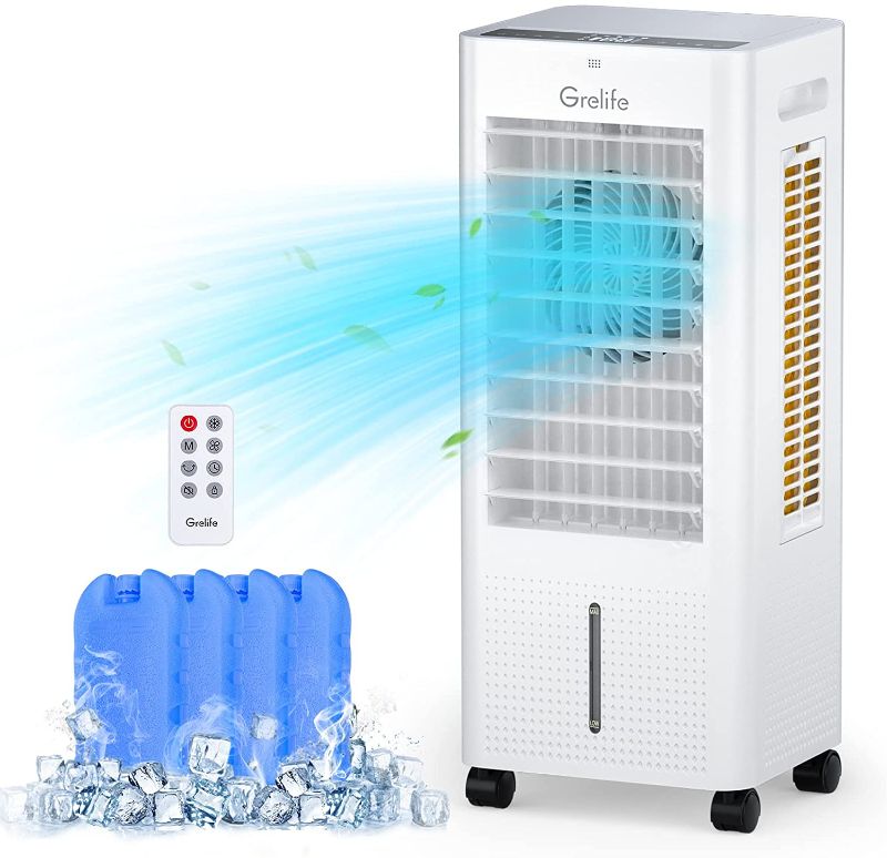 Photo 1 of Grelife Portable Evaporative Air Cooler, 3-IN-1 Oscillation Air Cooler with Fan & Humidifier, 3  12H Timer, LED Display, 1.58 Gal Water Tank and 4 Ice Packs
