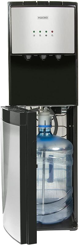 Photo 1 of Igloo IWCBL353CRHBKS Stainless Steel Hot, Cold & Room Water Cooler Dispenser, Holds 3 & 5 Gallon Bottles, 3 Temperature Spouts, 
(POWERS ON)
