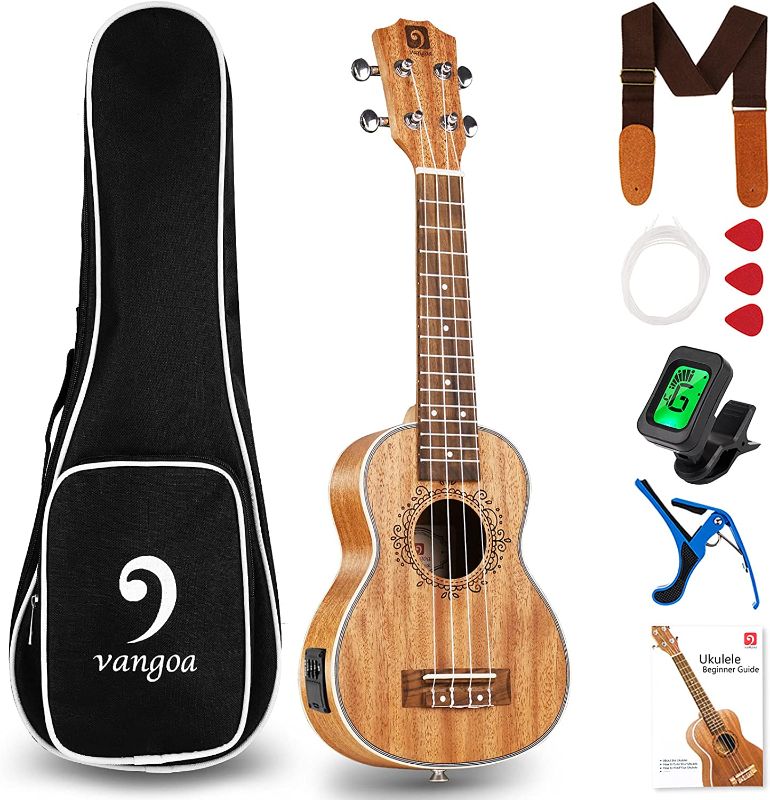 Photo 1 of Soprano Ukulele, Acoustic Electric Ukelele 21 inch Uke Mahogany Ukulele Professional Set with Equalizer Starter Kit (Gig Bag, Picks, Straps, Strings, Cleaning Cloth, Getting Started Manual) by Vangoa
