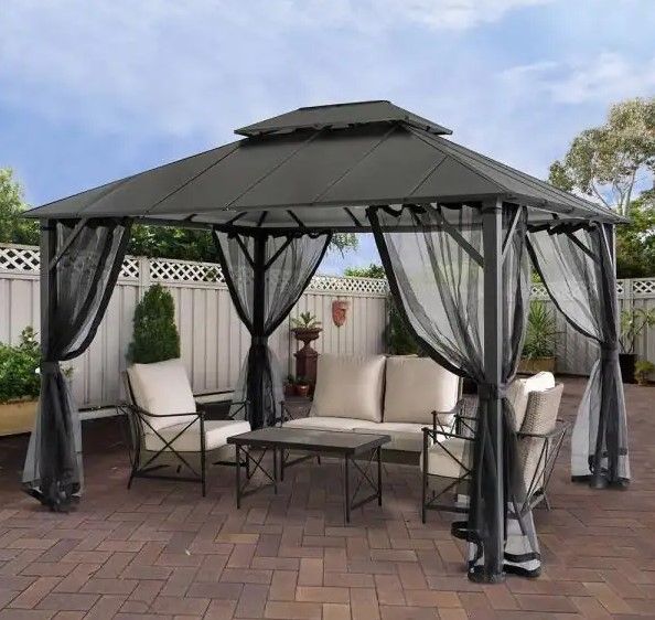 Photo 1 of 12 ft. x 10 ft. Insulated Aluminum Outdoor Patio Gazebo with Double Roof and Netting. INCOMPLETE SET. MISSING OTHER BOXES. SKU SY-AL 1012D-2
