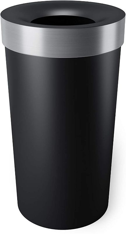Photo 1 of Umbra Vento Open Top 16.5-Gallon Kitchen Trash Large, Garbage Can for Indoor, Outdoor or Commercial Use, Black/Nickel. NO BOX PACKAGING, SCUFFS AND SCRAPS ON ITEM. BENDS IN PLASTIC. CRACK IN PLASTIC. 
