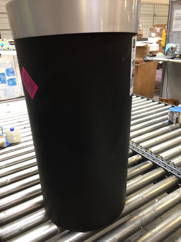 Photo 3 of Umbra Vento Open Top 16.5-Gallon Kitchen Trash Large, Garbage Can for Indoor, Outdoor or Commercial Use, Black/Nickel. NO BOX PACKAGING, SCUFFS AND SCRAPS ON ITEM. BENDS IN PLASTIC. CRACK IN PLASTIC. 

