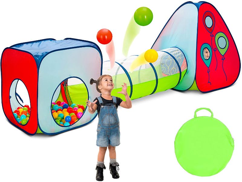 Photo 1 of Kiddey 3 in 1 Kids Pop Up Play Tent with Crawl Tunnel and Ball Pit Set – Durable Playhouse Tent for Boys, Girls, Babies, Toddlers & Pets – for Indoor & Outdoor Use, with Carrying Case
