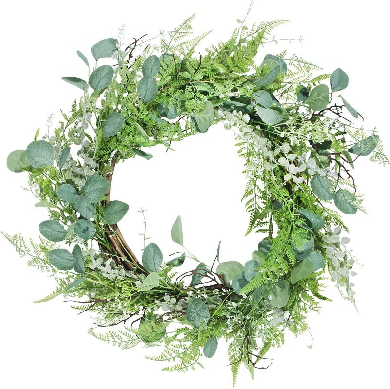 Photo 1 of Felibat 22 Inch Artificial Front Door Wreath, Eucalyptus Wreath with Ferns Leaves, Green Farmhouse Wreath
