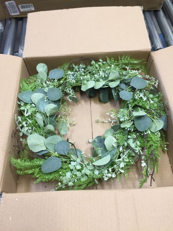 Photo 3 of Felibat 22 Inch Artificial Front Door Wreath, Eucalyptus Wreath with Ferns Leaves, Green Farmhouse Wreath
