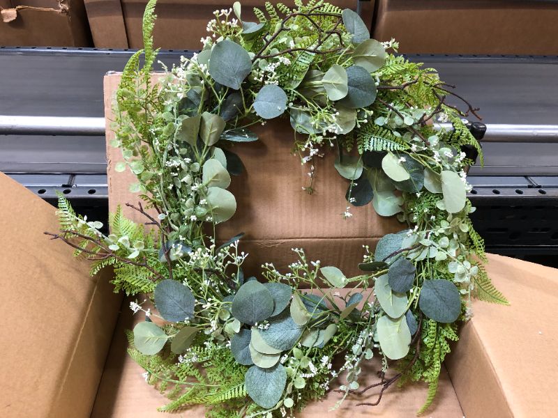 Photo 2 of Felibat 22 Inch Artificial Front Door Wreath, Eucalyptus Wreath with Ferns Leaves, Green Farmhouse Wreath
