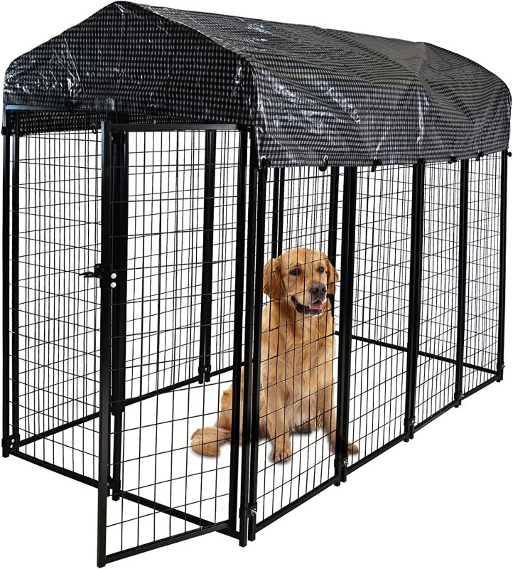 Photo 1 of HITTITE Large Dog Kennel, Outdoor Dog Kennel, Anti-Rust Steel Welded Wire Outdoor Pet Playpen with Heavy Duty UV-Resistant Waterproof Cover, for Outdoor&BigYards&Farms, 8'L x4' W x 6'H, Black.
