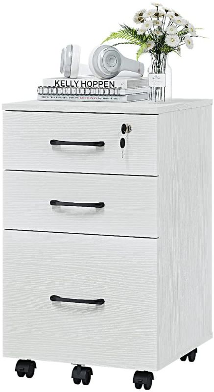 Photo 1 of 3 Drawer Wood Mobile File Cabinet, Under Desk Storage Drawers Small File Cabinet for Home Office (White)
