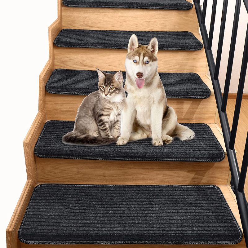 Photo 1 of 14+1 Stair Mat Set, Adhesive Backed with Non-Slip Resistance, Quiet and Smooth Wood Surface Cover for Kids, Seniors and Pets, 9.5 x 30 x 1.2 Inches 
