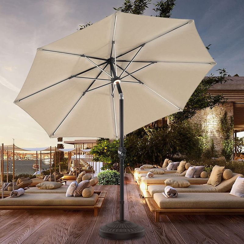 Photo 1 of BLUU MAPLE 9 FT Solar Patio Umbrella Solar Outdoor Umbrellas LED Table Umbrellas with 16 LED Strip Lights & Hub Light, Aluminum Frame, Premium 36 Month Fade Resistance & UV Protection Olefin Fabric (Cream Beige)
