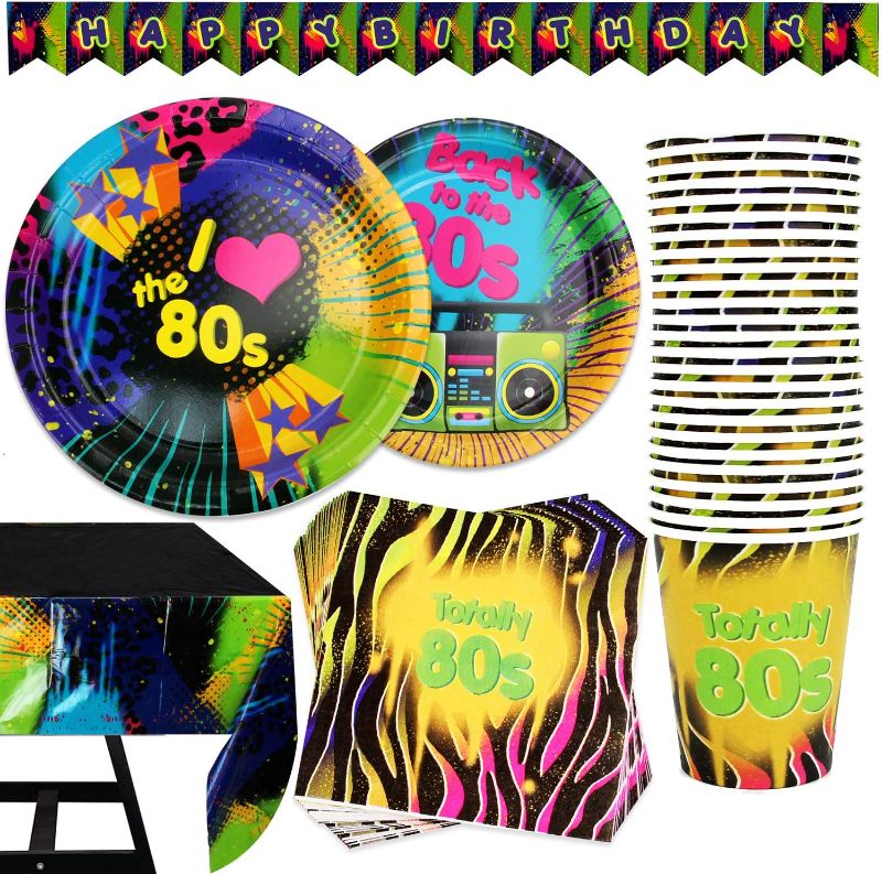 Photo 1 of 102 Piece 80's Themed Party Supplies Set Including Banner, Plates, Cups, Napkins, and Tablecloth, Serves 25