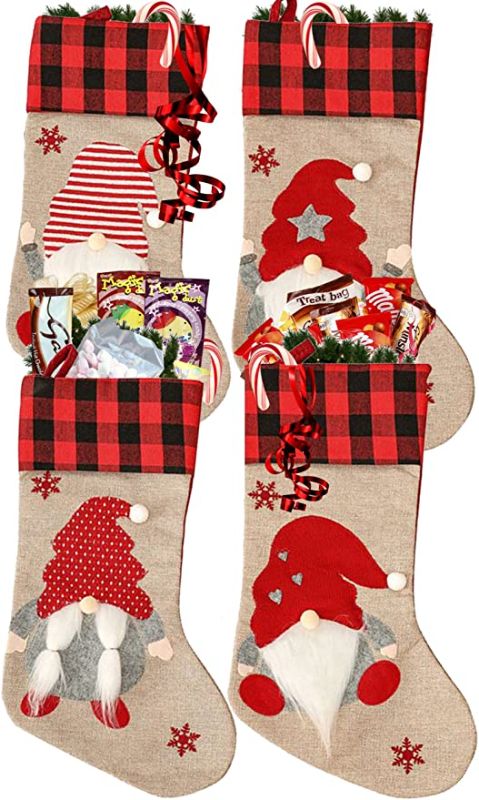 Photo 2 of Al Faro Home Family Christmas Stockings Set of 4 with Gnome Decor for Fireplace, Stairs and Gifts for Kids and Adults, Christmas Burlap Candy Bags 18 inches, Ivory, Burgundy, set of 4 (xsSocks2)
