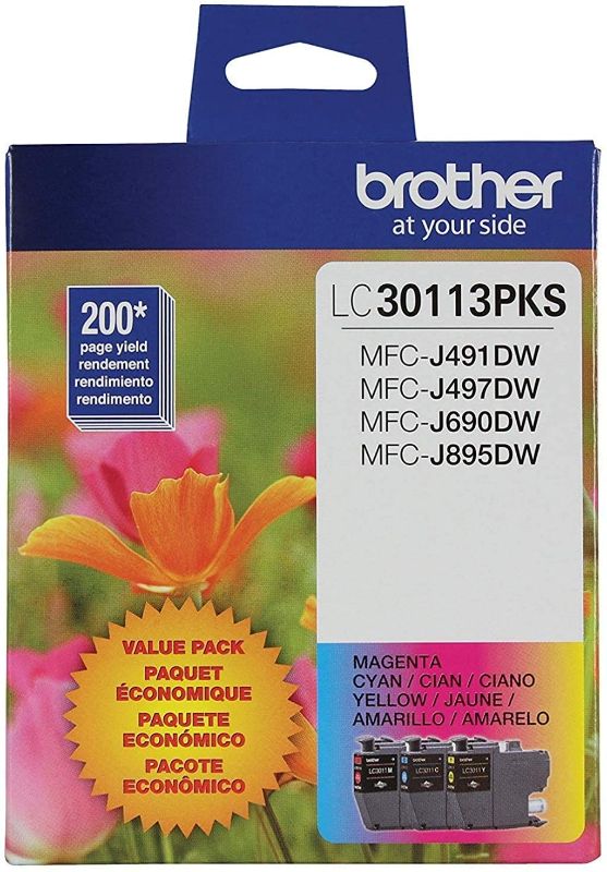 Photo 1 of Brother Genuine LC30113PKS 3-Pack Standard Yield Color Ink Cartridges, Page Yield Up to 200 Pages/Cartridge Includes Cyan, Magenta and Yellow, LC3011
