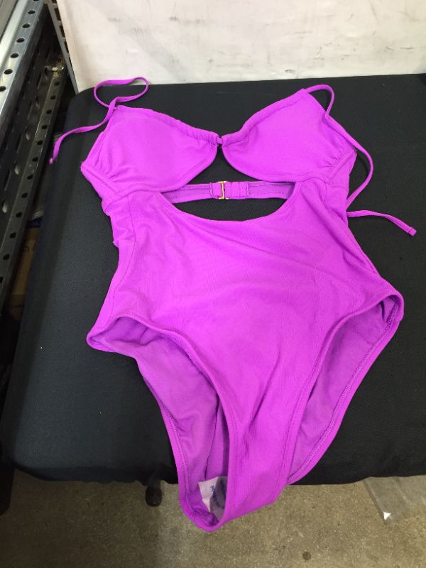 Photo 2 of Juniors' Ribbed Tunneled U-Neck One Piece - Xhilaration Neon Purple Large