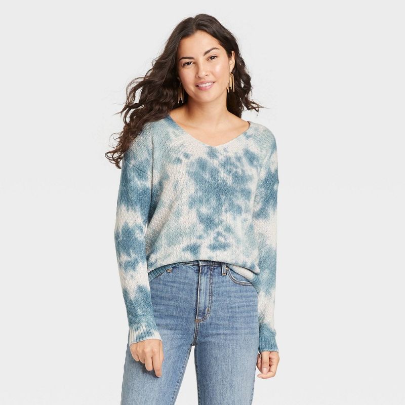 Photo 1 of Women's V-Neck Pullover Sweater - Knox Rose Teal Tie-Dye XL, Blue Tie-Dye