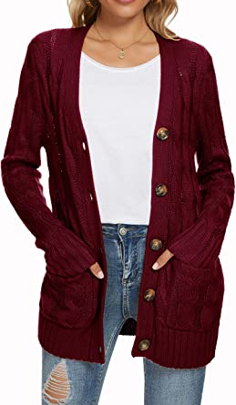 Photo 1 of UEU Women's Long Sleeve Open Front Button Down Cable Knit Cardigan Sweater with Pockets SMALL, Burgundy