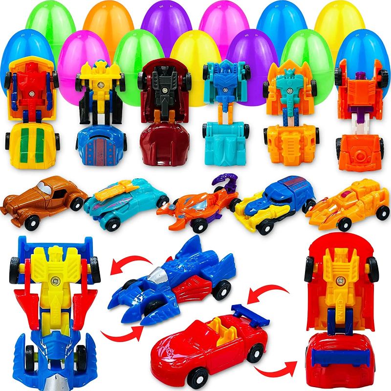 Photo 1 of AMENON 12 Pack Transform Car Robot Toys Prefilled Easter Eggs Plastic Easter Basket Stuffers 2.6" Large Surprise Egg 12 Different Vehicle for Kids Boys Girls Easter Toy Gifts Party Favor Supplies
