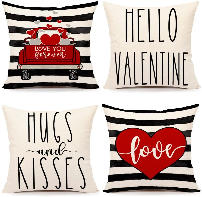 Photo 1 of 4TH Emotion Valentines Day Stripe Pillow Covers 18x18 Set of 4 Spring Farmhouse Decor Red Truck Love Hugs Kisses Holiday Decorations Throw Cushion Case for Home Decorations TH078
