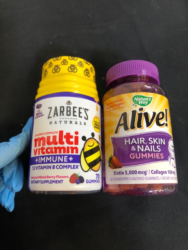 Photo 3 of 2PC LOT, Nature's Way Alive! Hair, Skin & Nails Gummies, with Biotin and Collagen, Beauty Support*, 60 Strawberry Flavored Gummies EXP 05/22, Zarbee's Complete Kids Multivitamin Gummies + Immune Support, Children Vitamins Gummy with Vitamin A, C, D3, E, B