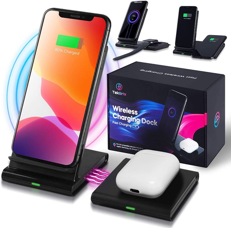 Photo 1 of Wireless Charger 2 in 1 - Dual Fast Charging Stand & Pad Station - 10W Max for Qi Devices, iPhone 13/12/11/X/8 (Pro, Pro Max, Mini), Samsung Galaxy S21/S20/S10/S9/Note, Google Pixel, LG - No Adapter
