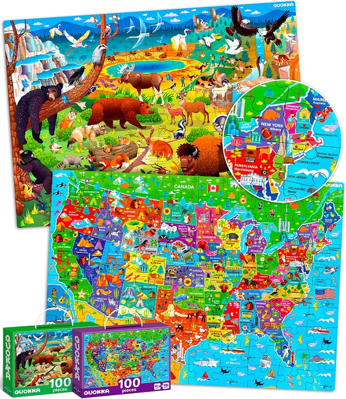 Photo 1 of 100 Pieces Floor Puzzles for Kids Ages 3-5 – 2 Jigsaw Toddler Puzzles 4-8 Years Old by QUOKKA – Games for Learning USA Map and National Park - Gift United States Toy to Boy and Girl Age 6-8-10
