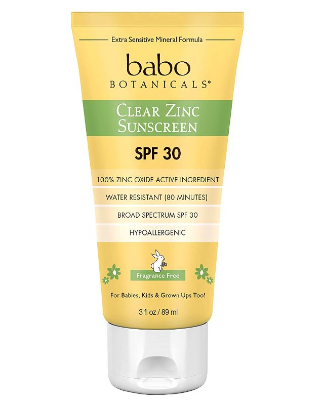 Photo 1 of Babo Botanicals Zinc Sunscreen Lotion SPF 30 with 100% Mineral Actives, Non-Greasy, Water-Resistant, Fragrance-Free, Vegan, For Babies, Kids or Sensitive Skin, Clear, 3 Fl Oz
