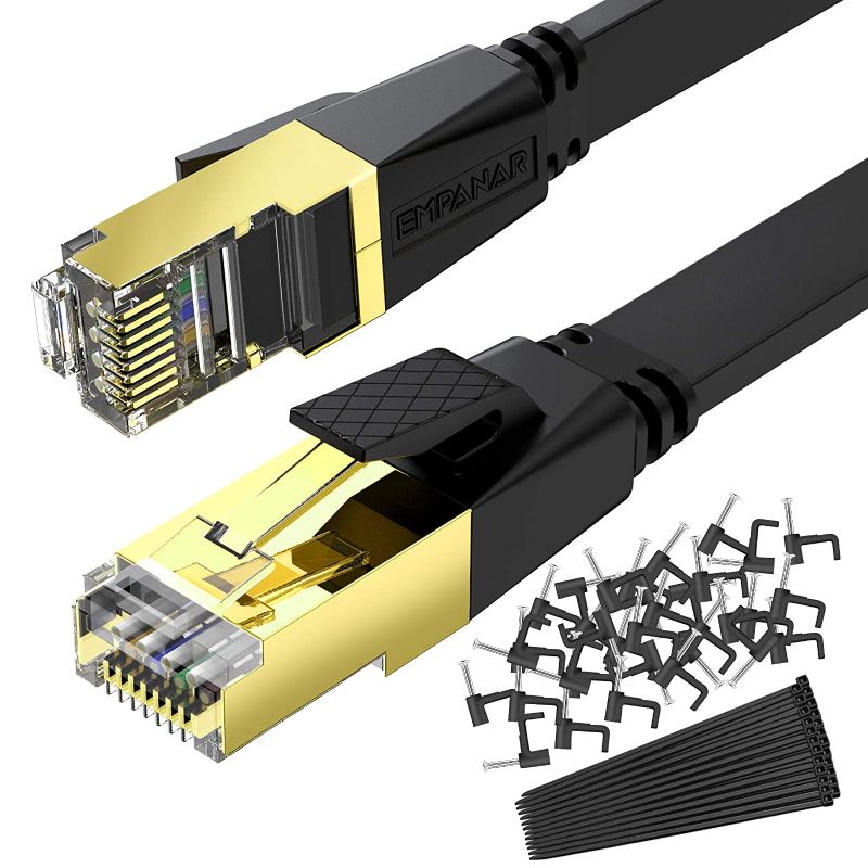 Photo 1 of 50 ft Cat 8 Ethernet Cable Flat Black, Empanar Cat8 Ethernet Cord High Speed 40Gbps 2000Mhz Weatherproof Heavy Duty Cat8 RJ45 Cable for Router Gaming Modem PC PS4 PS5 Xbox
