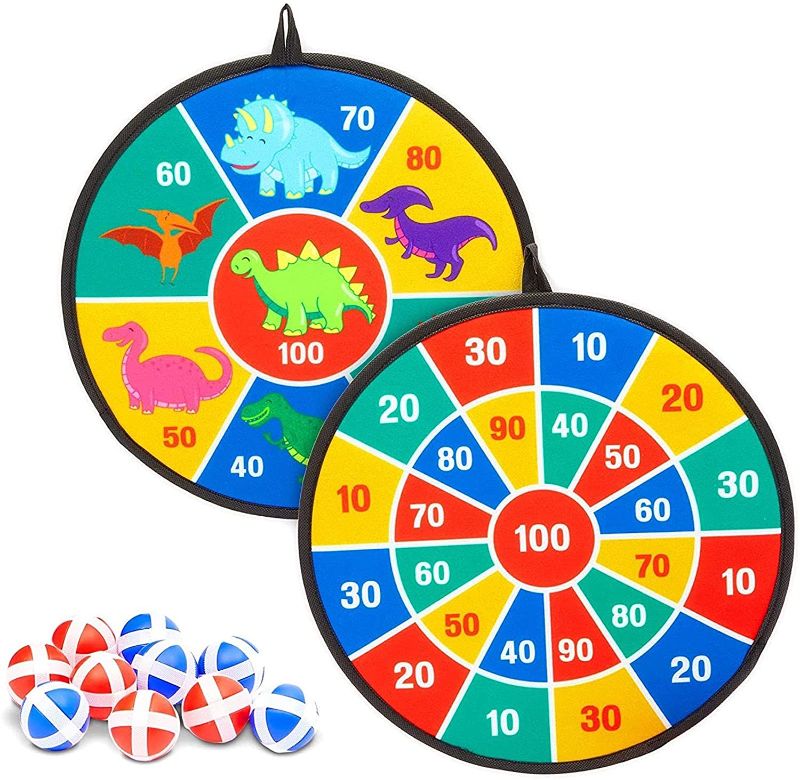 Photo 1 of Dinosaur Dart Board Game with 10 Sticky Balls for Kids, Double-Sided (11 Pieces)
