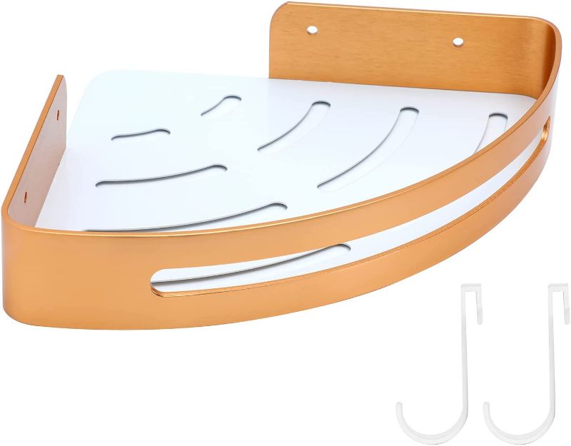 Photo 1 of Corner Shower Caddy Shelf Basket with White Hooks,Corner Storage with Hooks Shower Caddy Organizer Corner?Rose gold shower caddy corner,No Drilling Traceless Adhesive Bathroom Storage Organizer?Rustproof Food Storage Basket?Lavatory, Washroom, Restroom 1 