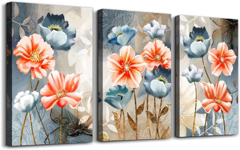 Photo 1 of farmhouse Wall Art for Living Room family kitchen Bedroom Decoration, 3 piece bathroom Wall decor red watercolor flowers abstract painting office Canvas Pictures Artworks modern Home wall Decorations
