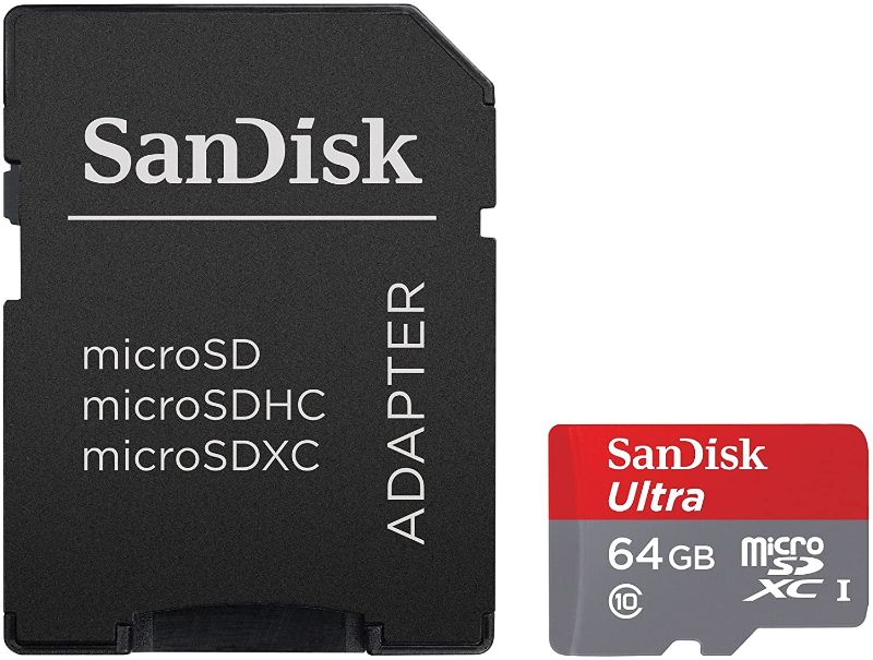 Photo 1 of SanDisk Ultra 64GB microSDXC UHS-I Card with Adapter, Grey/Red, Standard Packaging (SDSQUNC-064G-GN6MA)
