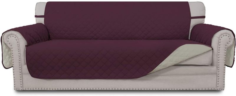 Photo 1 of Easy-Going 4 Seater Sofa Slipcover Reversible Sofa Cover Water Resistant Couch Cover with Foam Sticks Elastic Straps Furniture Protector for Pets Kids Children Dog Cat (XX-Large, Wine/Beige)
