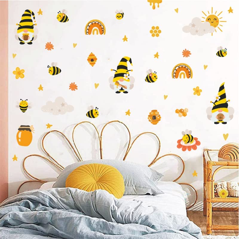 Photo 1 of Bee Stickers Bee Gnome Wall Decals Honey Bee Window Decor Clings Window Stickers Laptop Stickers for Water Bottles ,Book , Skateboards, Luggage ect. (Yellow), 3 COUNT 
