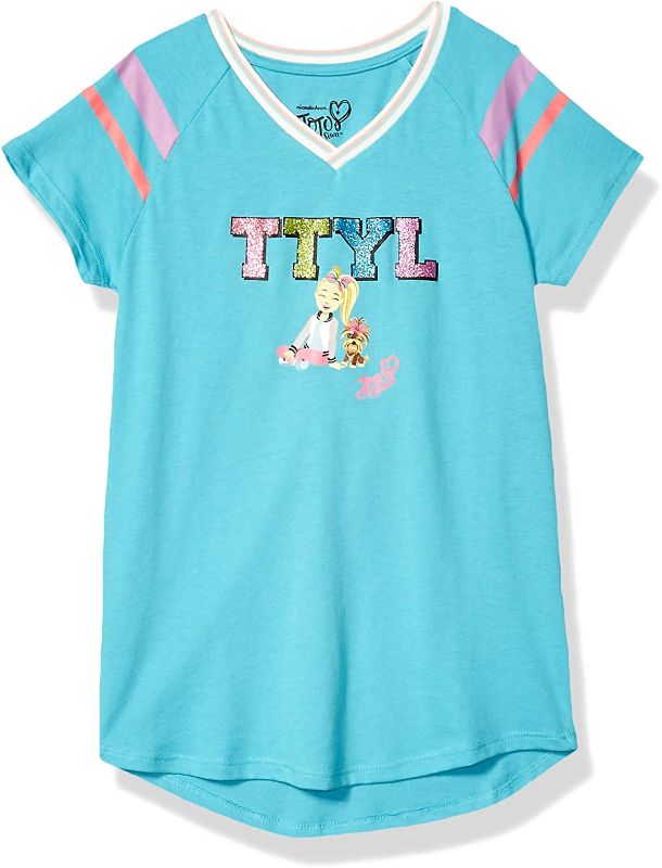 Photo 1 of JoJo Siwa Girls' Big TTYL Emoji JoJo & Bow Bow V-Neck Athletic Varsity Stripe Tee
 SIZE M, 5-6