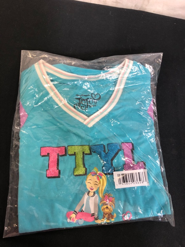 Photo 2 of JoJo Siwa Girls' Big TTYL Emoji JoJo & Bow Bow V-Neck Athletic Varsity Stripe Tee
 SIZE M, 5-6