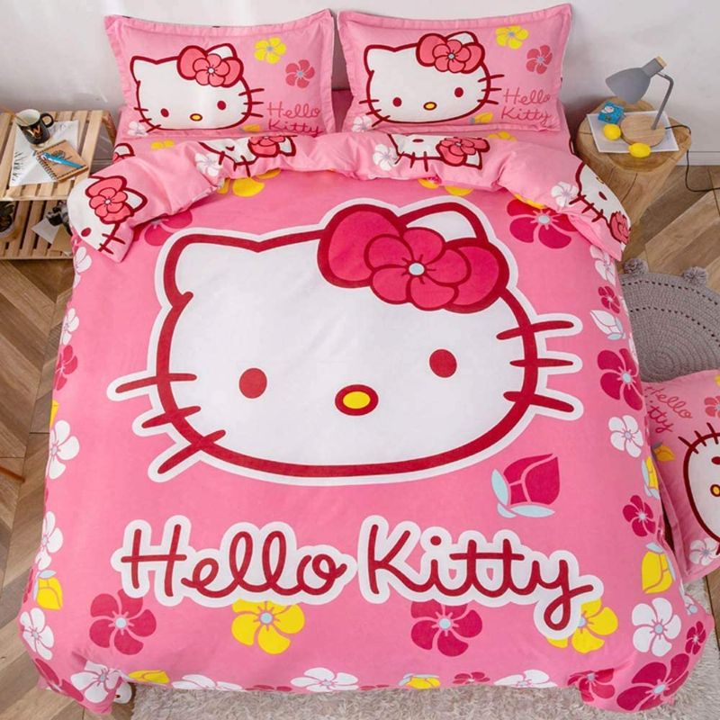 Photo 1 of Anjos Pink Hello Kitty Flowers Duvet Cover Set Bedding Set - Sanding Microfiber Polyester - Duvet Cover,Sheet,Pillow Cases (Twin68x86inch)
