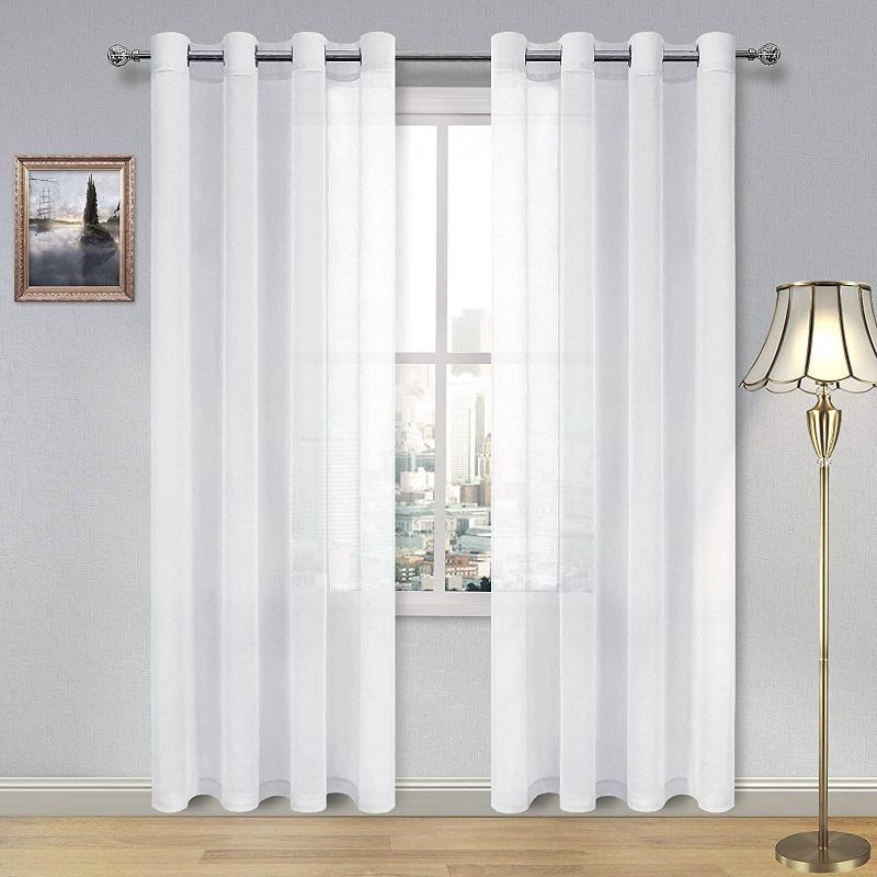 Photo 1 of  White Sheer Curtains - Semi Transparent Voile Grommet Window Drapes for Living Room/Bedroom, 52X 96 Inch Long, Set of 2 Panels