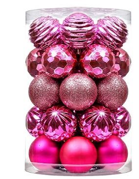 Photo 1 of Christmas Ball (2.36", Rose Pink) 34ct Christmas Ball Ornaments Shatterproof Xmas Tree Hanging Balls Decorations Perfect for Holiday Wedding Christmas Decor
